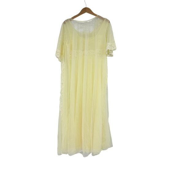 Vintage Shadowline Gown Robe Set Women Yellow Lace Chiffon Peignoir Bridal M - Picture 8 of 9
